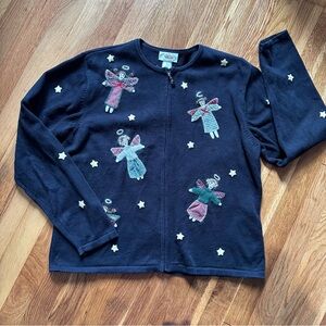 VTG Talbots Large Black Angel Cardigan Sweater Full Zip Cotton Cottage Rustic